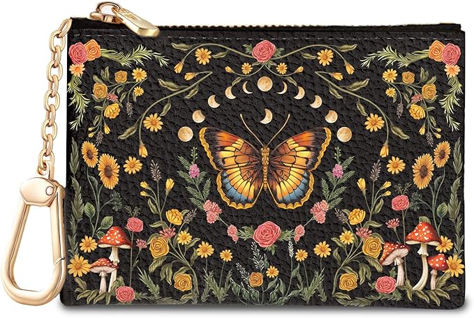 Butterfly Moon Keychain Coin Purse for Women, Mushroom Floral Vintage Small PU Leather Change Pouch, Zipper Little Tiny Travel Wallet for Girls, Cute Zip Pocket Coin Holder with Key Ring