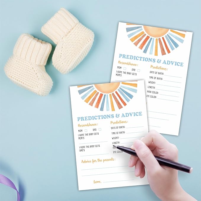 Sunshine Predictions & Advice Baby Shower Game Kit - Retro Here Comes The Sun - 30 Double-Sided Fill In Game Cards For Baby Shower, Gender Reveal Party Favor, Activity & Supplies - D01