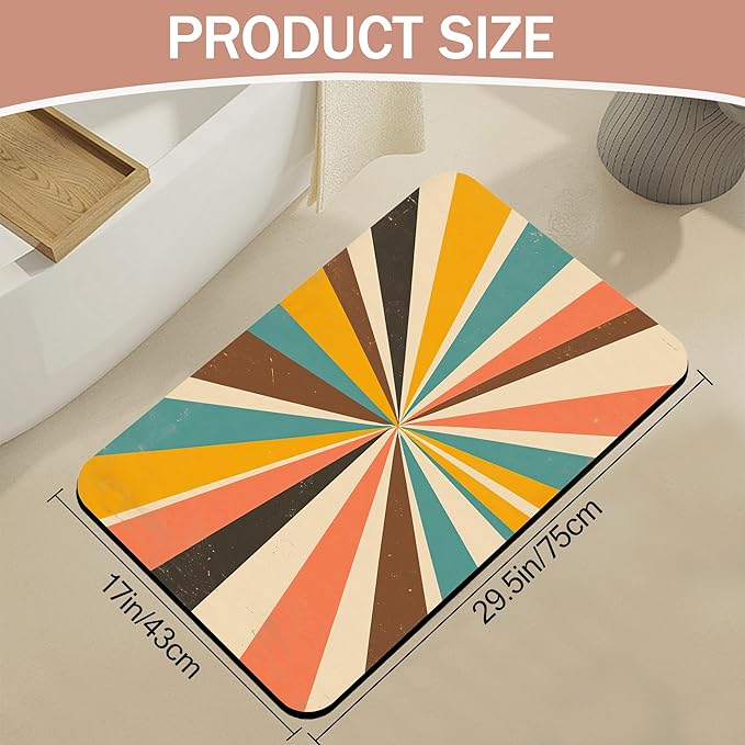 Diatomaceous Earth Bath Mat,Retro Vintage Bath Rugs,Radial Rays Non-Slip Thin Absorbent Fast Drying Easy to Clean for Bathroom Laundry Home Kitchen Door Mat 17x29.5Inch
