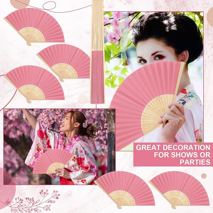 Yinkin 24 Pack Folding Fans Bamboo Handheld Folded Craft Hand Japanese Chinese Fans for Weddings Bridal Dancing Church DIY Decoration Women Gift Party Favors (Pink)