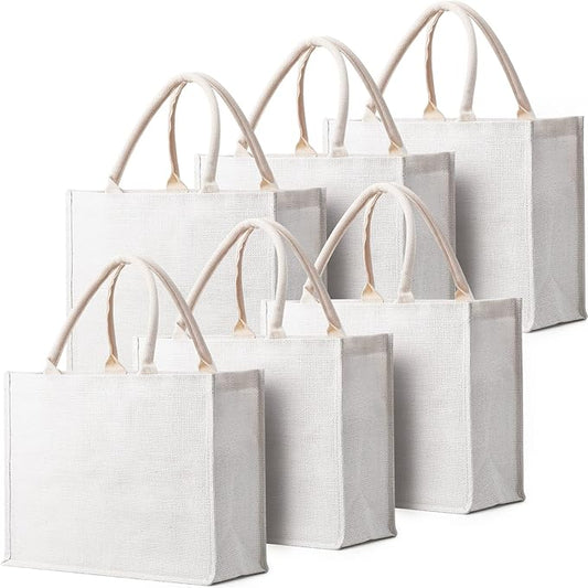 Segarty Tote Bags, 6 Pack Large White Burlap Jute Reusable Canvas Gift Favors Bag with Handles Blank Tote Bulk for Bridesmaid Wedding, Women Market Grocery Shopping, Bachelorette Party, Beach Trip