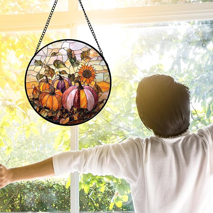 Stained Glass Window Hanging, Pumpkin Sunflower Suncatcher Diamond Glass Panel Sun Catchers Decor for Birthday for Women, Men, Wife, Aunt, and Mom 9.8 in