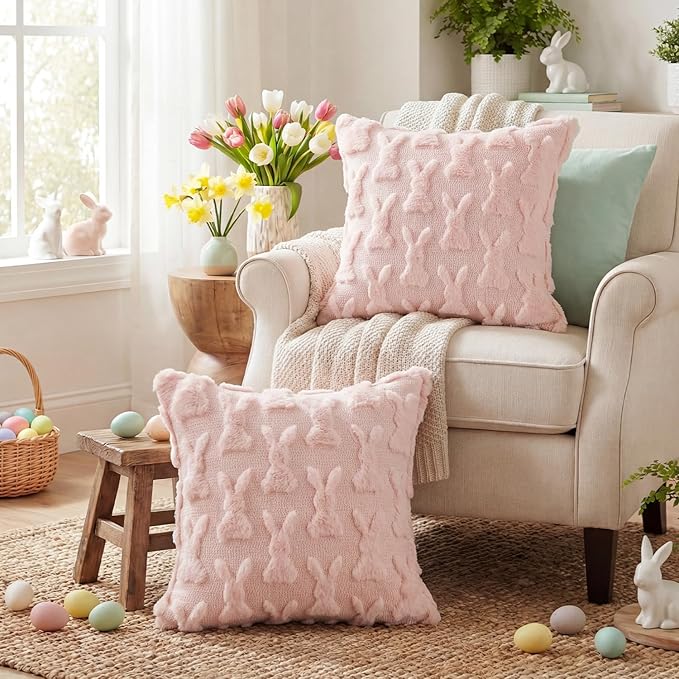 AVOIN colorlife Easter Rabbits Pink Throw Pillow Covers, 18 x 18 Inch Bunny Soft Plush Faux Fur Jacquard Cushion Case Decoration for Sofa Couch Set of 2