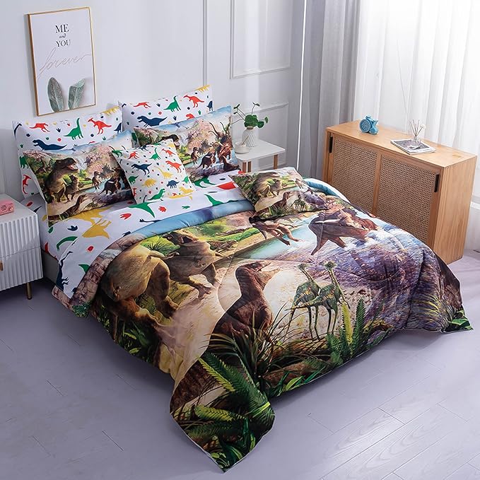 Dinosaur Bedding Twin Comforter Set for Boys Comforter Set, Dinosaurs Bed in a Bag, 9 Piece Dinosaur Bedding Sheets Sets Twin Size, Soft Microfiber Kids Bed