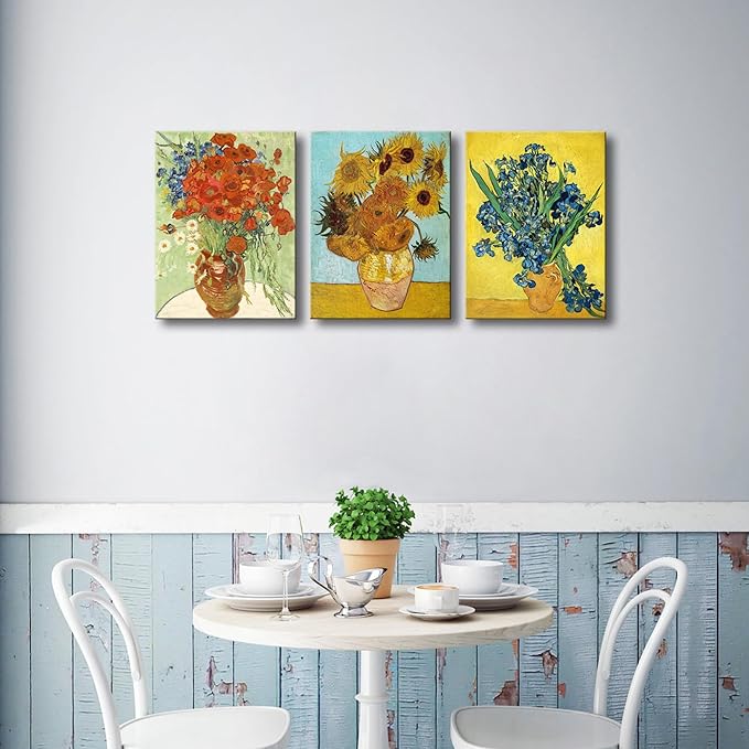 Wieco Art 3 Panels Canvas Prints of Vincent Van Gogh Paintings Reproduction Red Poppies and Daisies Sunflower Irises in Vase Canvas Wall Art for Living Room Home Office Decor