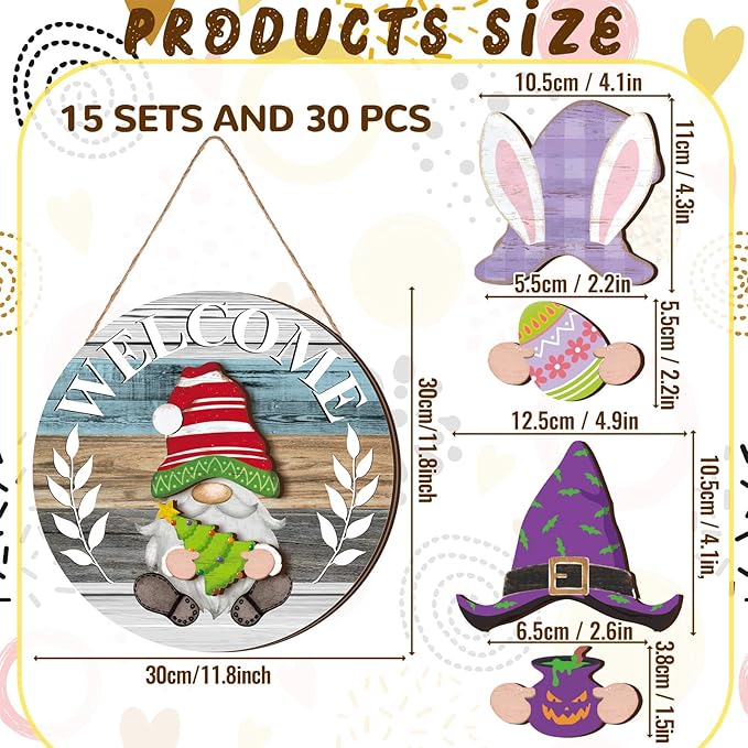 Qunclay Interchangeable Wooden Gnome Decor Holiday Seasonal Gnome Decorations with Magnet Pieces and Detachable Hats Changeable Welcome Sign for Home(Antique Style)
