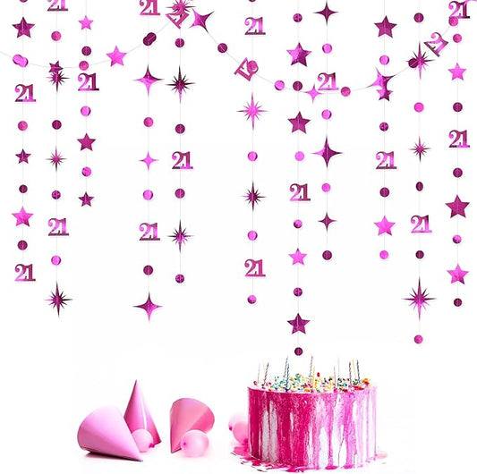 Hot Pink Number 21 Circle Dot Twinkle Star Garland Metallic Hanging Streamer Banner Backdrop Decorations for Girls Happy 21st Birthday Hot Girl Finally Legal Bday 21st Anniversary Party Supplies