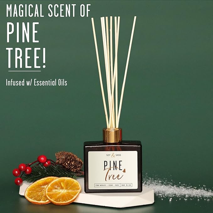 Pine Reed Diffuser, 'Pine Tree' - w/Balsam Fir, Cedar & Citrus I Infused w/Essential Oils I Christmas Diffuser Decor I 3.75 OZ Oil I Long-Lasting Scent Lasts 4-6 Month's I Made in The USA