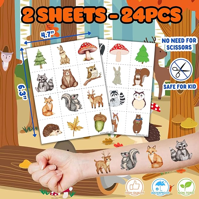 36PCS Woodland Animal Party Favors - 24PCS Pre-Cut Temporary Tattoos & 12PCS Stamps - Ideal Forest Themed Birthday Card Decorations Supplies Goodie Bag Baby Shower Kids Gifts Classroom Rewards Prizes
