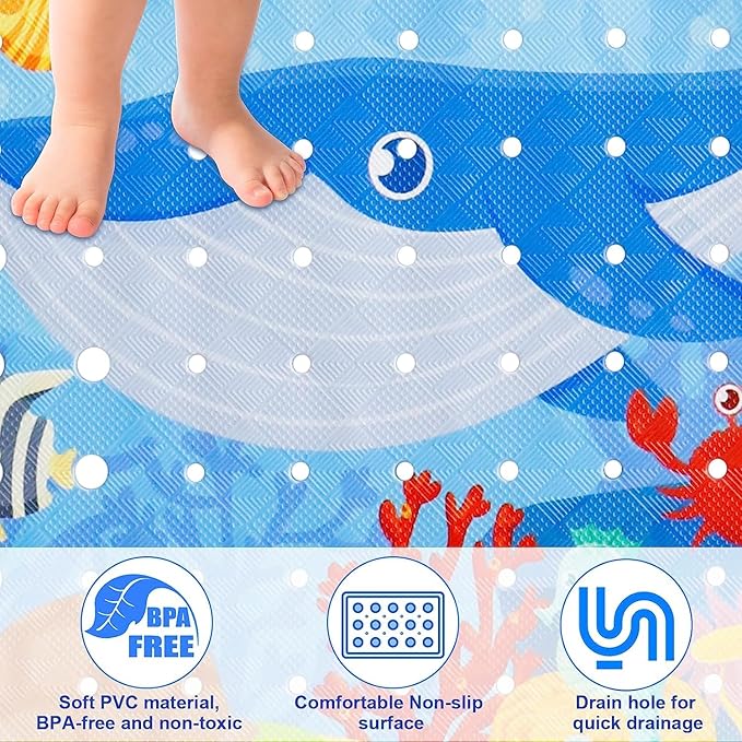 Baby Bath Mat for Tub for Kids, 40 X 16 Inch Extra Long Kids Bathtub Mat Non Slip, Cartoon Bath Tub Shower Mat Anti Slip with Drain Holes and Suction Cups Machine Washable (Whale + Dolphin, 40*16in)