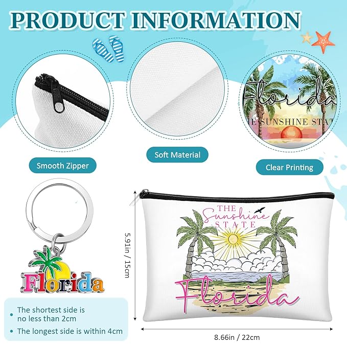 Landical 6 Sets Florida Souvenir Gifts Include 6 Pcs Florida Cosmetic Bag and 6 Pcs Metal Keychain for Women Traveler Christmas Party Gifts