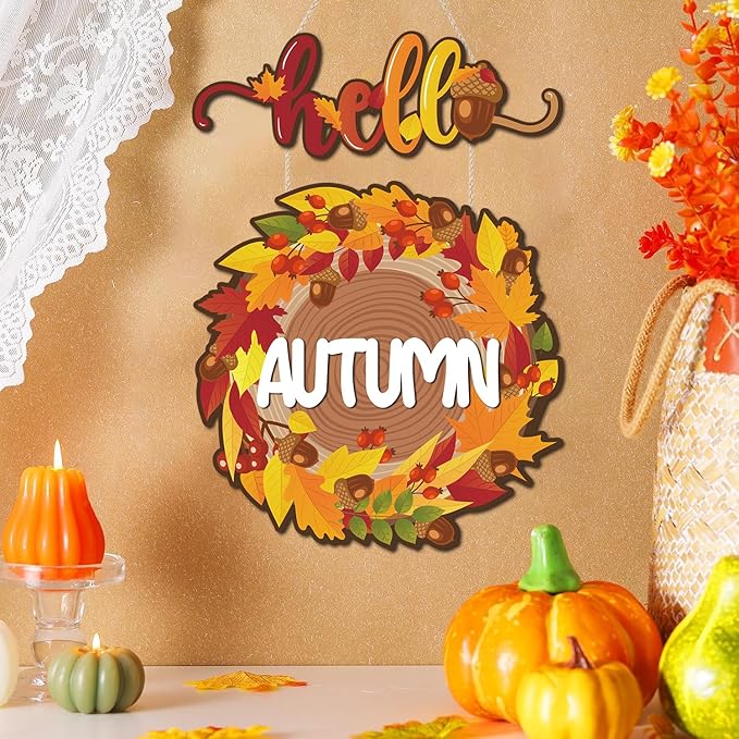 CHDITB Hello Autumn Wooden Sign, Fall Themed Wooden Hanging Plaque, Hello Fall Front Door Hanger, Maple Leaves Wall Art Sign Farmhouse Thanksgiving Living Room Bedroom Office Wall Decor
