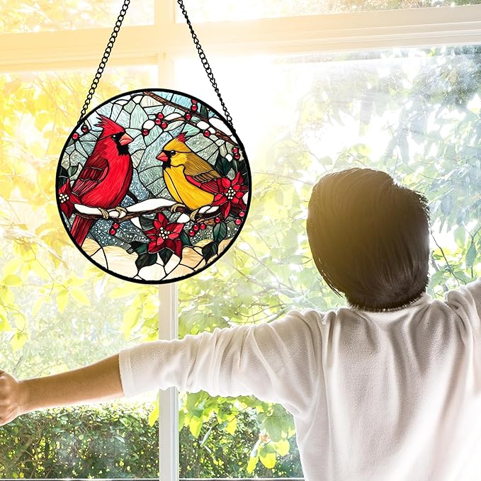 Stained Glass Window Hanging, Love Birds Cardinals Sun Catchers Colorful Glass Panel Birds Suncatcher Decor for Birthday for Women, Men, Wife, Lovers, and Mom 11.8x11.8 in