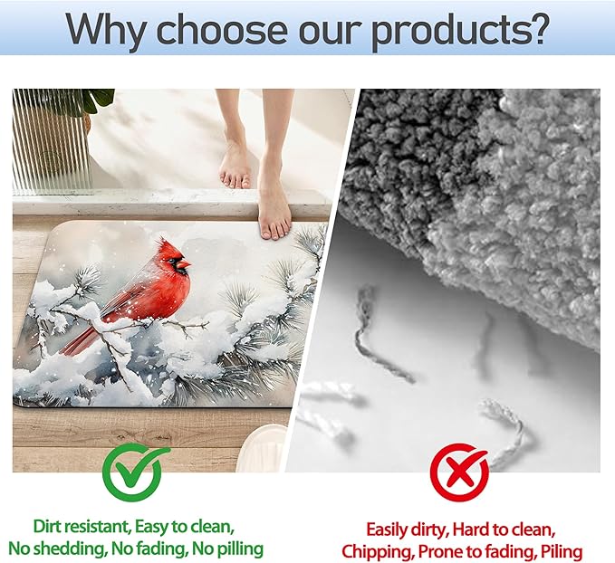 Cardinal Bird Bathroom Rug 29.5"x17", Winter Flowers Quick-Drying Super Absorbent Diatomite Bath Mat with Non-Slip Backing, Thin Washable Bathroom Floor Mat Fits Under Door for Shower, Sink, or Tub
