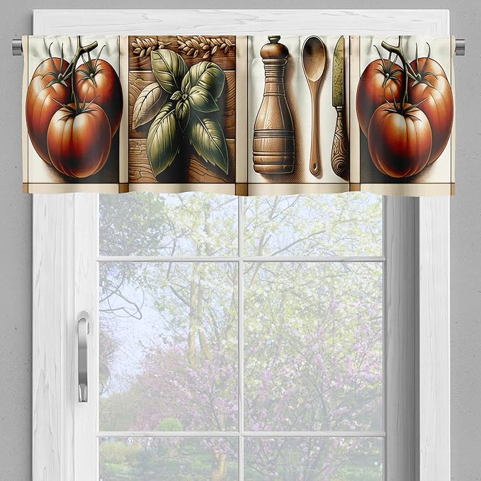 Ambesonne Farmhouse Window Valance, Modern Art of Leaves Huddle and Tomato Print with Beige Tone Lines, Curtain Valance for Kitchen Bedroom Decor with Rod Pocket, 54" X 12", Paprika Rust and Green