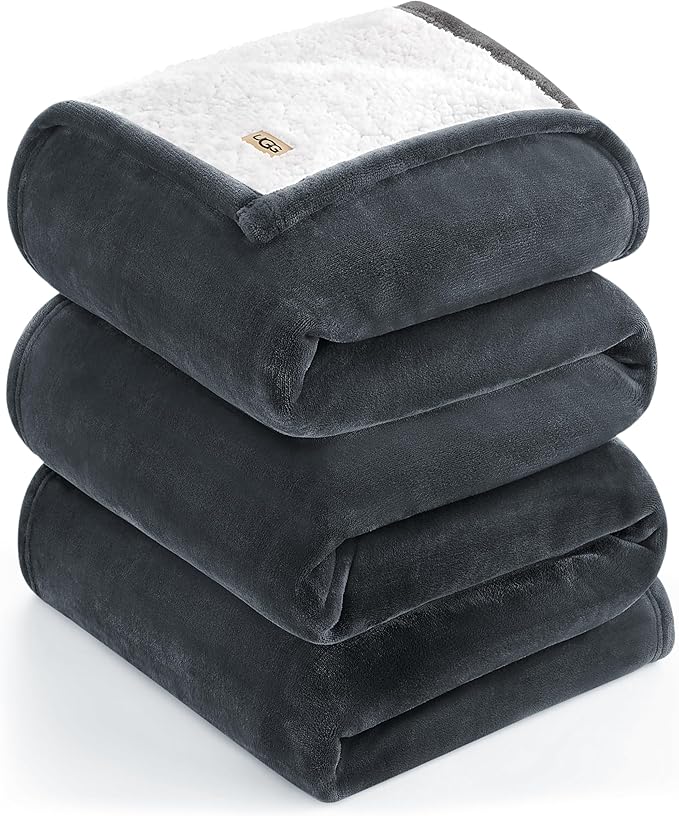 UGG Nita King/California King Blanket Fleece Fluffy Reversible Soft Fuzzy Bedding Cozy Plush Oversized Blanket Machine Washable Bedroom Decor for Big Couch or Bed, 110-inch x 90-inch, Charcoal Grey