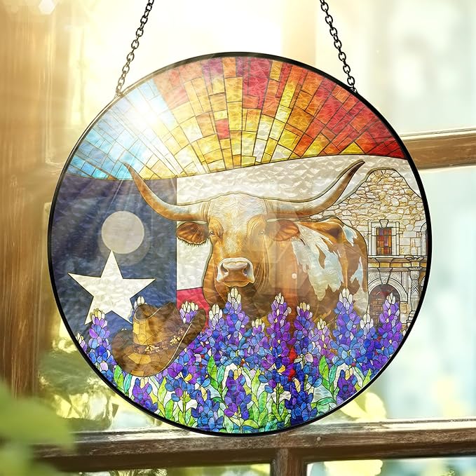 FLAGWIX Texas Gifts for Women Men - Stained Glass Window Hanging 10 in - Sun Catchers Indoor Window for Garden Decor, Texas Themed Gifts for Mom Dad Texans Friends, Sun Catcher for Door Home Decor