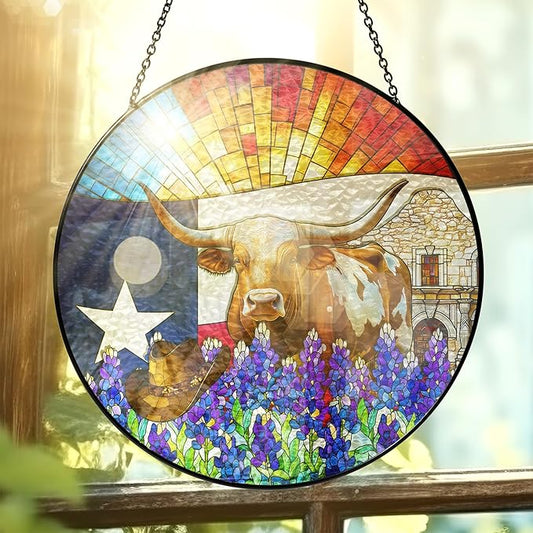 FLAGWIX Texas Gifts for Women Men - Stained Glass Window Hanging 10 in - Sun Catchers Indoor Window for Garden Decor, Texas Themed Gifts for Mom Dad Texans Friends, Sun Catcher for Door Home Decor