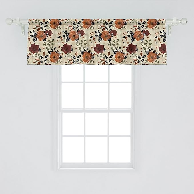 Ambesonne Poppy Window Valance Pack of 2, Modern Boho Leafy Floral Garden Illustration with Mid Century Details, Rod Pocket Curtain Valances for Kitchen Bedroom, 54" X 18", Maroon Amber Grey Yellow