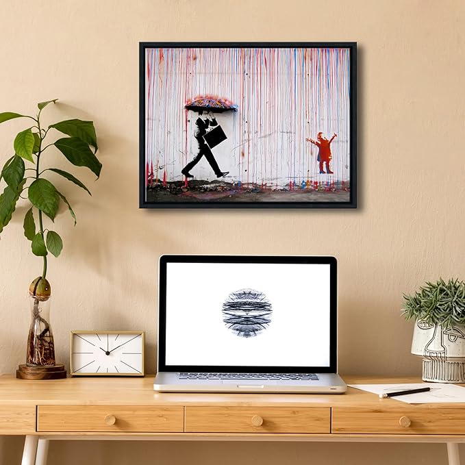 Wieco Art Framed Banksy Raining Day or Colorful Graffiti Street Famous Canvas Paintings Wall Art Modern Inspirational Grey Love Pictures Print Artwork for Home Office Decor