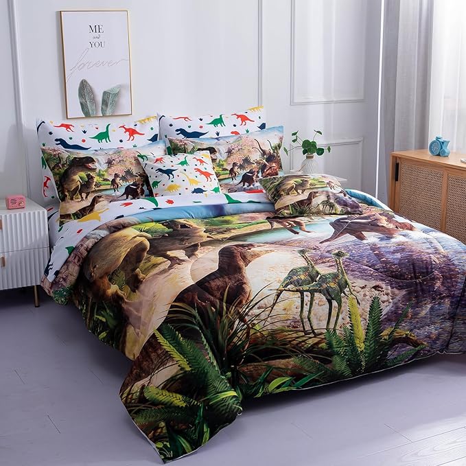 9 Piece Queen Size Dinosaur Comforter Set Bed in a Bag,Kids Queen Comforters 3D Dinosaur Bed Quilt Set for Teens,1 Comforter+4 Pillowcase+1 Flat Sheet+1 Fitted Sheet+2 Throw Pillows Case