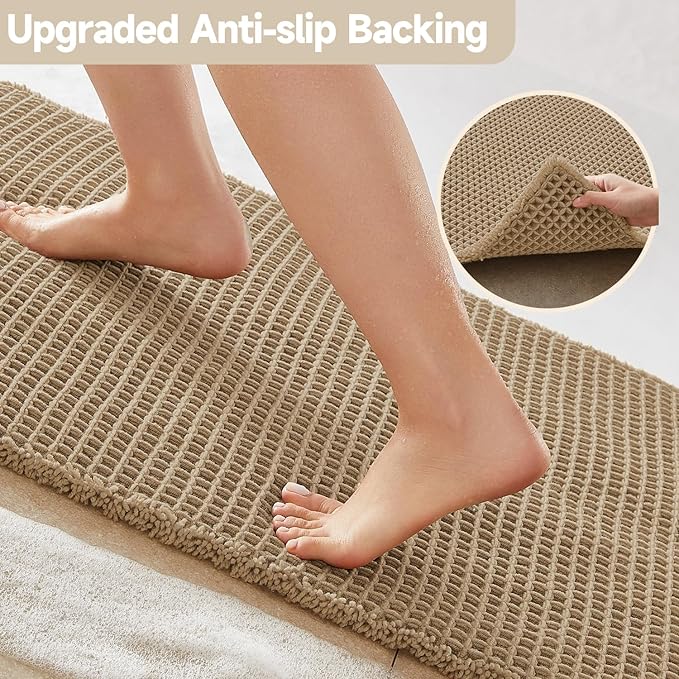 Waffle Bath Mat, Boho Bathroom Rugs Non Slip Washable Super Absorbent Quick Dry Farmhouse Bathroom Decor, 30"x20" Khaki