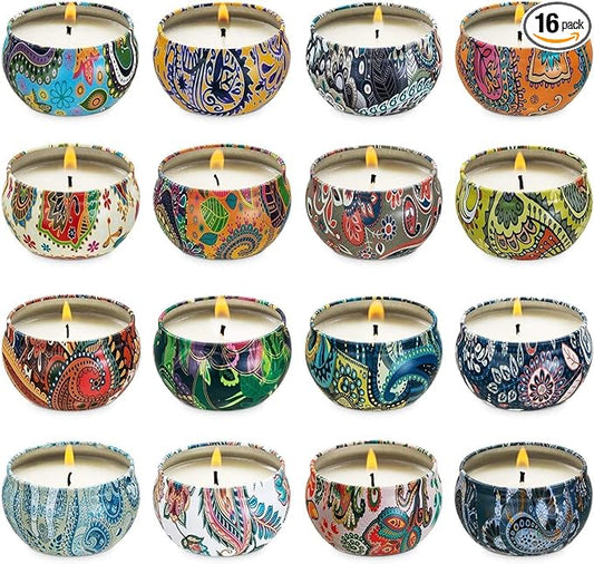 Set of 16 Small Scented Candles Soy Wax Aromatherapy Candles 2.5 OZ Portable Tin Candles with Lid, Relaxation Gifts Basket for Mother, Women, Friends and Coworkers