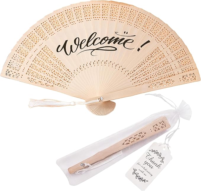 50 Pcs Wedding Fans Engraved Wooden Folding Hand Fans with Organza Bags, Wedding Party Favors for Guests, Bridal Shower & Summer Outdoor Ceremony (Style4,50)