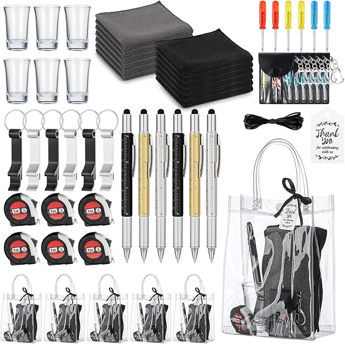 Leinuosen 6 Set Baby Shower Prizes for Men with Cleaning Cloth Bottle Opener Screwdriver Tape Measuring Keychain Multi Tool Pen Gift Bag Baby Shower Game Prizes for Winner(Black,Classic Style)