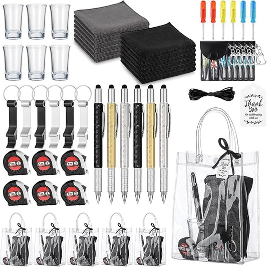 Leinuosen 6 Set Baby Shower Prizes for Men with Cleaning Cloth Bottle Opener Screwdriver Tape Measuring Keychain Multi Tool Pen Gift Bag Baby Shower Game Prizes for Winner(Black,Classic Style)