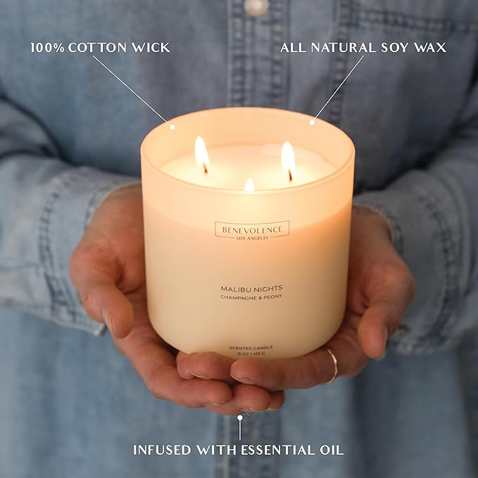 Champagne & Peony – Benevolence LA Large 3-Wick Scented Candle for Home | 15oz, 50-Hour Burn | Natural Soy Wax, Cotton Wicks | Gift Ideas for Women | Malibu Sands Collection