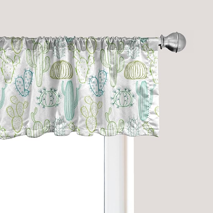 Ambesonne Cactus Window Valance, Prickle Plants Botanical Hand Drawn Like of Cacti Outline Drawings, Curtain Valance for Kitchen Bedroom Decor with Rod Pocket, 54" X 12", Dark Seafoam and Pale Green