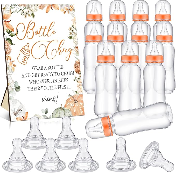 TrelaCo Little Pumpkin Cool Baby Shower Games Wooden Bottle Chug Sign Rustic Theme Baby Gift Sets and 12 Pcs Baby Bottle Shower Favor Baby Bottles for Rustic Kraft Baby Shower Games Gender Reveal