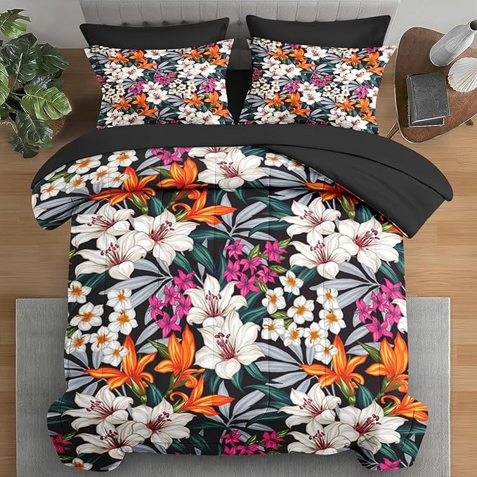 Comforter Set Queen Size, Tropical Leaves Flower 7 Pcs Bedding for Kids and Adults, Floral Hawaii Hibiscus Bed Sheet Sets with Fitted Sheet 2 Pillowcases & 2 Shams for Bedroom Bed Decor