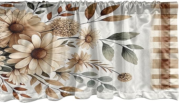 Ambesonne Sunflower Window Valance Pack of 2, Plaid Ornate Autumn Tones Daisy Huddle with Leaves Cottagecore Vibe, Rod Pocket Curtain Valances Kitchen Bedroom, 54" X 12",Tan Taupe and Dark Pink