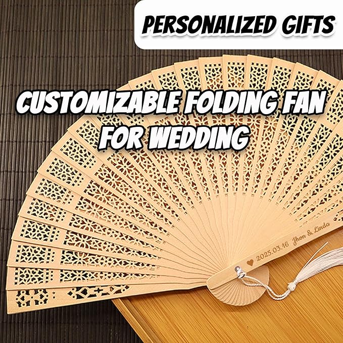 1-200 Pcs Wedding Fans Personalized Folding Hand Fans, Custom Sandalwood Handheld Fans Bulk Wooden Folding Fan, Vintage Hollow Carved Fans for Wedding Decoration Party Gifts Baby Shower (1 Pcs)