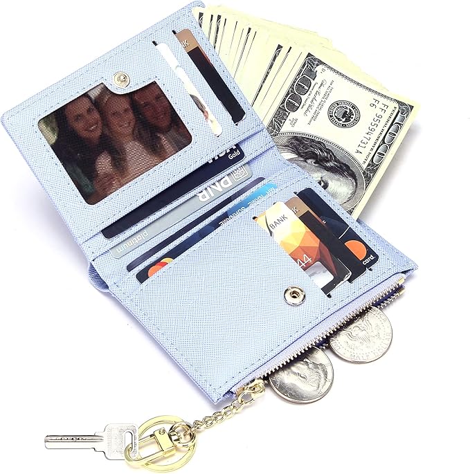 GEEAD Small Wallets for Women Bifold Slim Coin Purse Zipper ID Card Holder PU Leather Blue