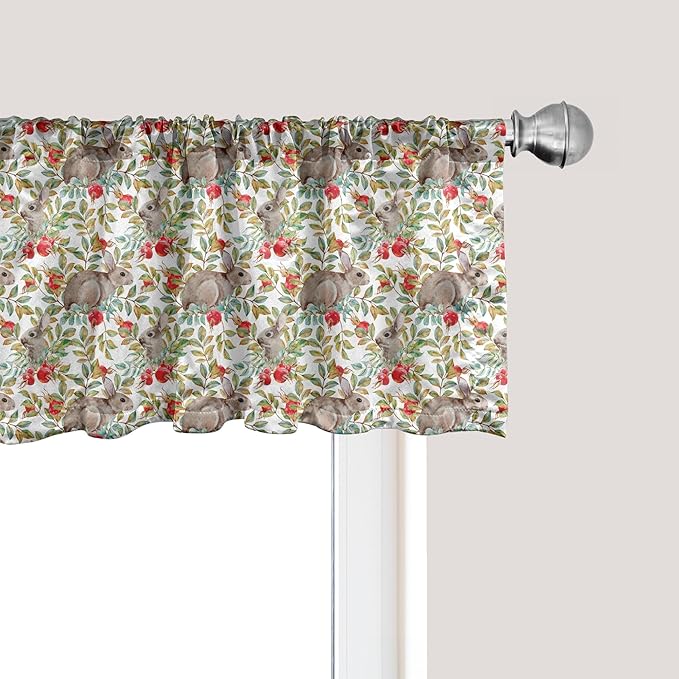 Ambesonne Bunny Window Valance, Easter Pattern of Dog Rose and Rabbits, Curtain Valance for Kitchen Bedroom Decor with Rod Pocket, 42" x 12", Camel