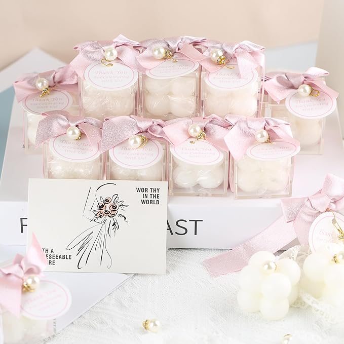 ACITHGL 30 Sets Small Bubble Candle Wedding Candles Favors for Guests Bulk Bridal Shower Favors Candles with Stylish Ribbons Thank You Cards Gifts (Shimmering Pink)