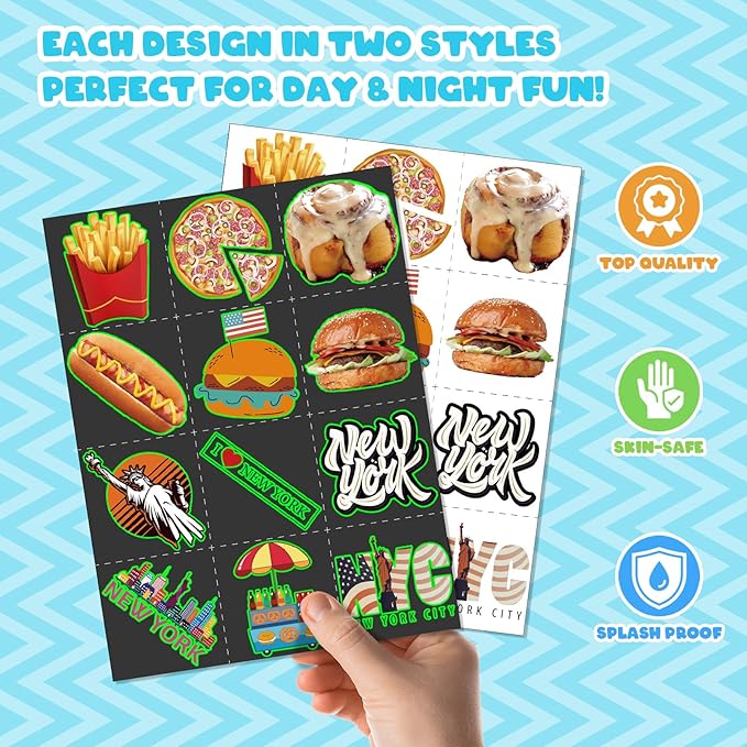 96 PCS New York Party Favors Set – 72 Pre-Cut Temporary Tattoos & 24 Slap Bracelets, Perfect for Travel Parties & City-Themed Celebrations