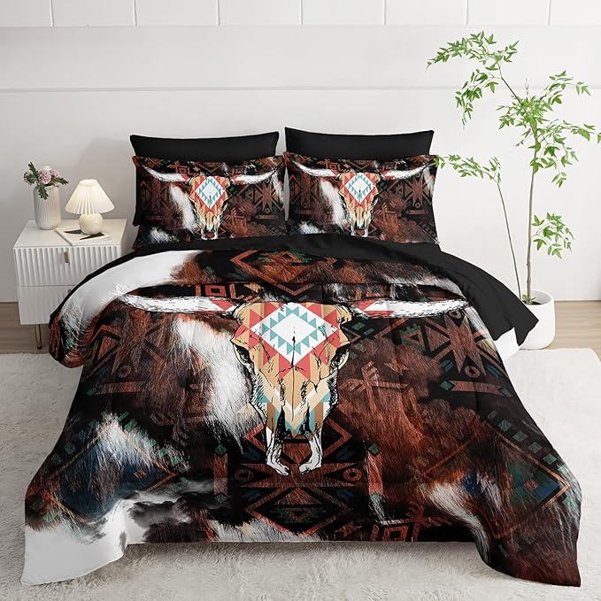 AILONEN Bull Skull Comforter Set Queen Size,7-Piece Cattle Cowhide Cow Print Bed in a Bag,Western Cowboy Comforter & Fitted Sheet with Flat Sheet & 2 Pillowcases,2 Pillow Shams for Bedroom