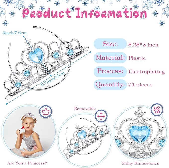 Zhanmai 24 Pcs Tiara Crown Set Princess Crown for Girls Plastic Tiaras Dress up Costume Party Favor Accessories Kid Birthday (Blue, Purple, Pink, Rose Red, Yellow, Green)