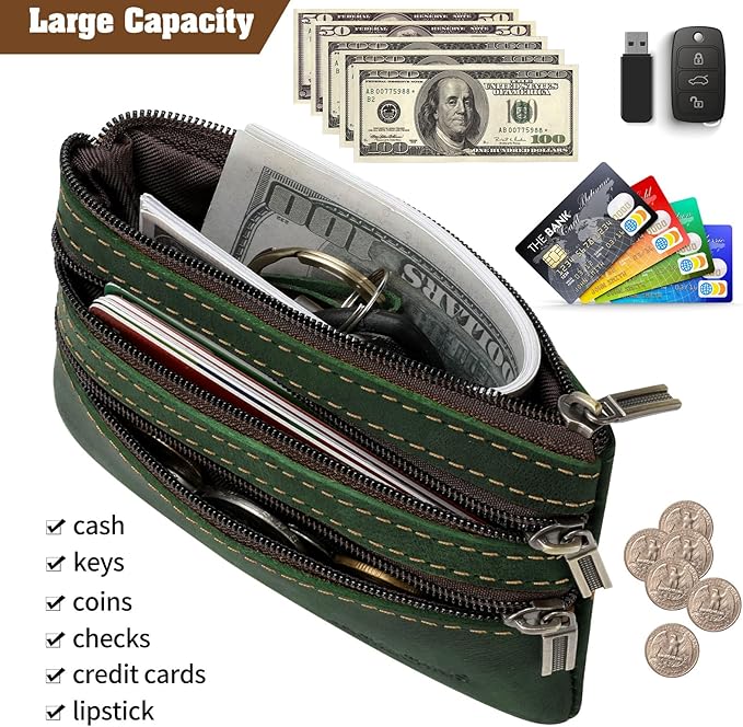 Jack&Chris Coin Purse Pouch for Men, Genuine Leather Coin Purse Zipper Pocket with Keychain Ring, Coin Bag for Men,JC301-Green