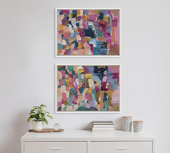 Kate and Laurel Sylvie Applause Framed Canvas Wall Art by Leah Nadeau, Set of 2, 18x24 White, Multicolored Abstract Art Collection for Wall