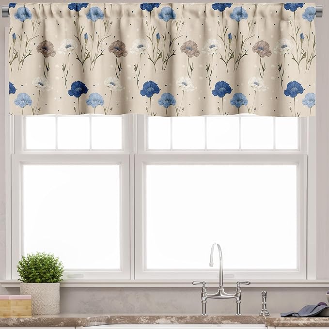 Ambesonne Floral Valance & Tier Curtain 3 pcs Set, Vintage Delicate Cottagecore Flowers in Pastel Tones and Plain Back, Window Treatments for Kitchen Room Decor, 55" x 36", Beige Night Blue Dark Tan