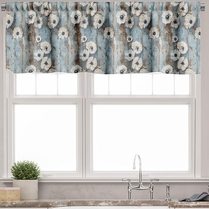 Ambesonne Poppy Window Valance, Vintage Farmhouse Concept Beige Tone Petals Floral on Rustic Backdrop, Curtain Valance for Kitchen Bedroom Decor with Rod Pocket, 54" X 18", Coconut Pale Blue and Dusk