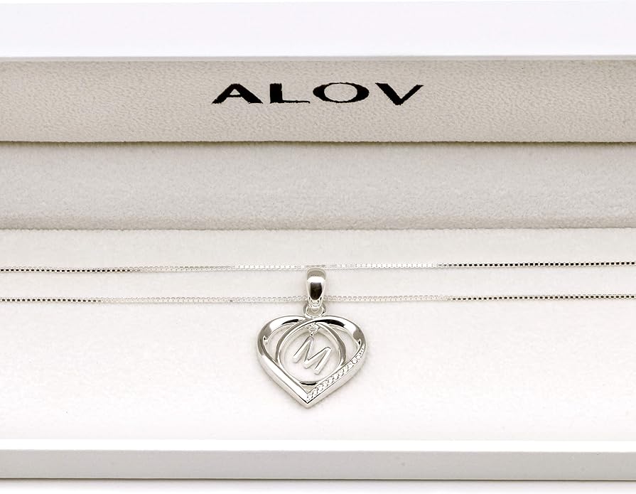 ALOV Jewelry Sterling Silver Initial Letter Alphabet Love Heart Cubic Zirconia Pendant Necklace