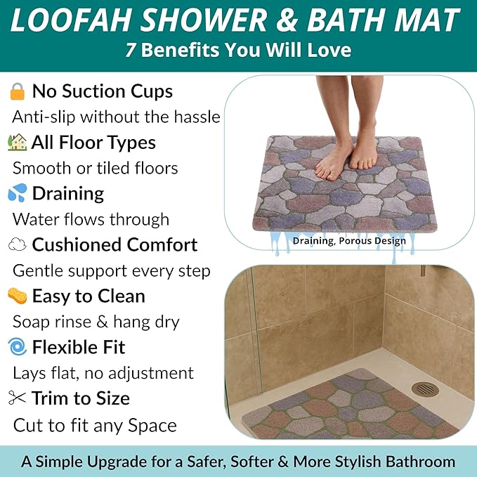 Anti Slip Shower Mat Square - Non Slip Shower Mats for Inside Shower - 24x24 Shower Floor Mat Non Slip - Square Bath Mat for Shower - Secure Loofah Shower Mat No Suction Cups (24x24 Stone Path)
