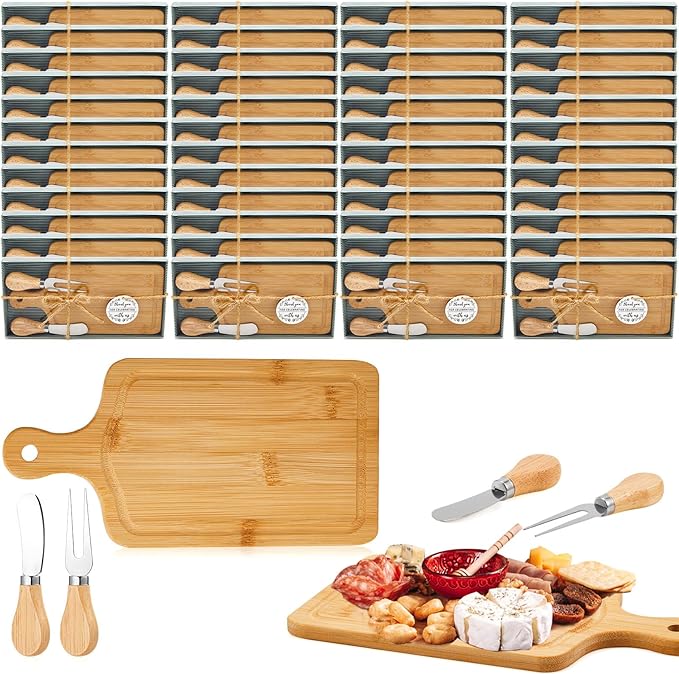 90 Set Bridal Baby Shower Cheese Prizes Wooden Square Board Gift Set Knives Forks Thank You Tag with Box for Guests for Valentines Bridal Baby Shower Housewarming (Acacia Color) (Bamboo Color)