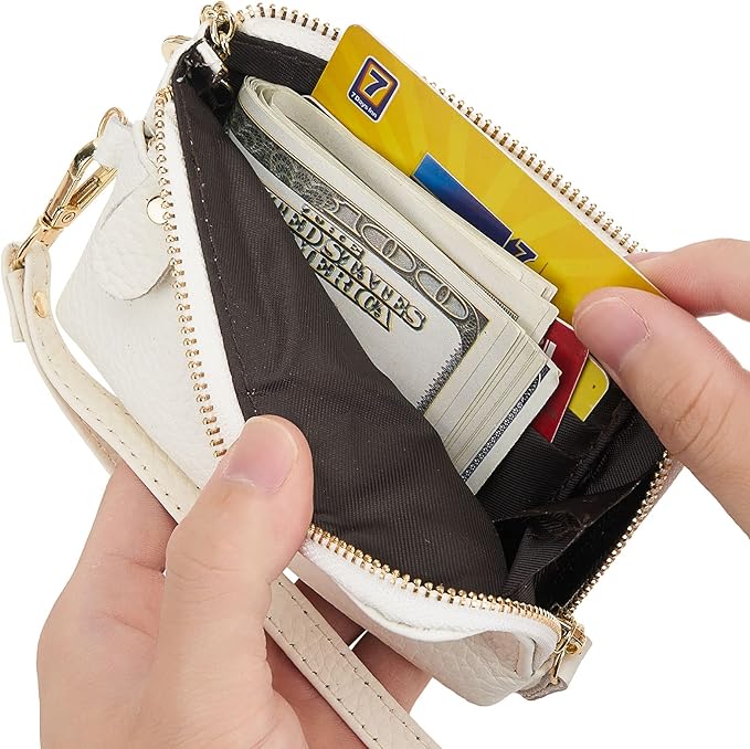 Genuine Leather Coin Purse for Women with Large Opening & Wrist Strap Navy (White)